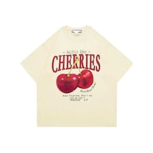 Kozia Outdoors Malkocbey Cherries Baskili Oversize Basic O Yaka T-shirt Bej