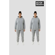 Süperlife Kadın Büyük Beden 2' Li Set Kapşonlu Kollar Ve Etek Ribanalı İnce Swatshırt Spr26bswk957+2 Grey Mel-grey Mel