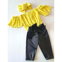 Özge Başaran Kız Çocuk, Likralı Deri Fiyonk Detaylı Pantolon, Sarı Straplez Crop Bluz Ve Saç Sarı