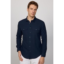 Tudors Slim Fit Uzun Kol Çift Cep Pamuk Keten Spor Yaka Lacivert Erkek Gömlek-29634-lacivert Lacivert
