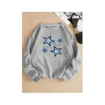 Herkesemoda Yıldız Baskı Detaylı Bisiklet Yaka İçi Polarlı Sweatshirt Gri