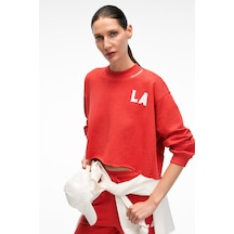 Grimelange DELYRA Kadın Bisiklet Yaka Rahat Kesim Nakış Detaylı Kırmızı Sweatshirt