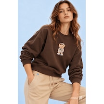 UCLA Cardı Koyu Kahve Baskılı Pamuk Bisiklet Yaka Loose Fit Kadın Sweatshirt Koyu Kahverengi