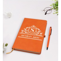 Kişiye Özel İsimli Turuncu Termo Deri Defter Kalem Seti Model 12