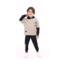 Toontoy Kids Toontoy Erkek Çocuk Çizgili 2'li Takım Baskılı Kapüşonlu Sweatshirt & Beli Paçası Lastikli Cepli Jogger Eşofman Altı - Renk Bloklu & 2 İplik Bej