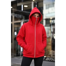 Moda Kadın 3 İplik Şardonlu Maskeli Ninja Model Çift Kapüşonlu Fermuarlı 4 Cepli Oversize Sweatshirt - Kırmızı Çok Renkli