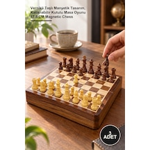 3 Adet Ahşap Satranç Takımı Vernikli Taşlı Manyetik Tasarım, Katlanabilir Kutulu Masa Oyunu 17.5 Cm Magnetic Chess