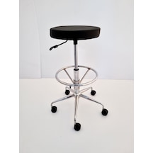 Siyah Deri Tekerlekli Yüksek Bar Boy Laboratuvar Taburesi