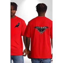 3 Gözlü Kuzgun Kırmızı Oversize Unisex Ön Ve Sırt Baskılı Tişört Kırmızı