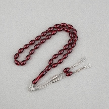 Sıkma Kehribar Beyzi Kesim Alpaka Püsküllü 7x11mm Tesbih Kırmızı