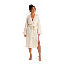 Natural Touch Müslin Kimono Bornoz Püskül Detaylı Yırtmaçlı Spa & Plaj Kimonosu Bej
