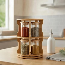 Deconox Doğal Bambu 360 Döner Standlı 10'lu Cam Baharatlık Seti - Büyük Boy 250 Ml Ahşap Kapaklı Baharat Tak Çok Renkli