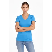 Suma T-shirt V Yaka Slim Fit Likralı Tişört Günlük Basic Body - Açık Mavi