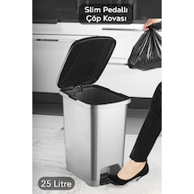 Pedallı Gri Banyo Mutfak Çöp Kovası Siyah Kapaklı Slim Pedallı Çöp Kovası 25litre Gri