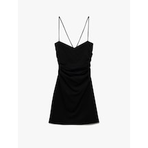 Koton Viskon Keten Karışımlı Slim Fit Drapeli İnce Askılı Mini Elbise Siyah 5sak80441pw Siyah