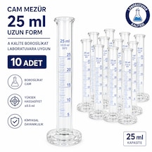 Cam Mezür 25 Ml Uzun Form A Kalite Borosilikat Laboratuvara Uygun 10 Adet