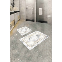 Beyaz Mermer Görünümlü Banyo Halısı Klozet Paspas Seti Bs345n11 Kırık Beyaz
