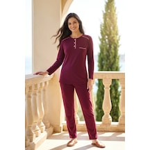 Aura Collections Kadın Pamuklu Uzun Kollu Üç Düğmeli Biyeli Soft Örme Pijama Takımı Mor