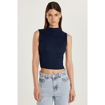 Tudors Kadın Slim Fit Dar Kesim Sıfır Kol Fitilli Modal Kumaş Lacivert Bluz-33971 Lacivert
