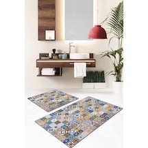 Mavi Çini Desen Banyo Halısı Klozet Takımı Paspas Seti Bs042n11