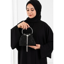 Çanta Trend Kadın Siyah Gece Çantası Gümüş Renk Büzgülü Zincir Askılı Metal Saplı Abiye Mini El Çantası Çok Renkli
