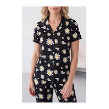 Angbutik Siyah Papatya Ve Kelebek Desenli Kısa Kollu Gömlek Yaka Milan Kumaş Kadın Pijama Takımı