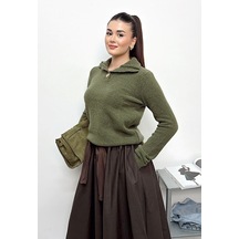 Kadın Dik Yaka Düğmeli Triko Haki - 27k 5178