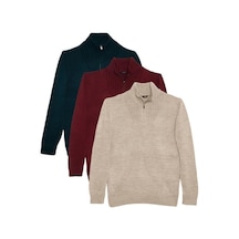 Tudors Erkek 3'lü Paket Zümrüt Yeşili-bordo-yeşil Slim Fit Dar Kesim Fermuarlı Dik Yaka Triko Kazak-41827 Çok Renkli