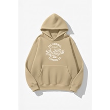 Uyguntarz Unisex Yumuşak Dokulu Vintage Baskılı Tasarım Oversize 3 İplik Hoodie Sweatshirt Bej