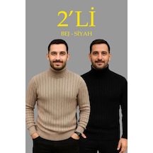 Freedom Storee Erkek Fitilli Kazak Tam Boğazlı Balıkçı Yaka Triko 2'li Set Bej-siyah Çok Renkli