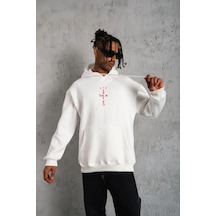 Erkek Kordonlu Arka Maske Kordon Saçlı Kapüşonlu Sweatshirt Hoodie - Beyaz
