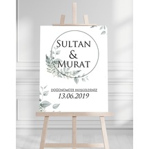 Söz Nişan Düğün İçin 50x70 Karşılama Panosu - Yeşil Çiçek Tasarımlı 006 Beyaz
