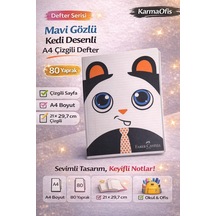 Kedi Desenli A4 Çizgili Defter 80 Yaprak 1 Adet Mavi Gözlü Kedi Tasarım