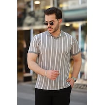 Erkek Yakalı Örme Kumaş Kısa Kollu T-shirt Gri - Beyaz