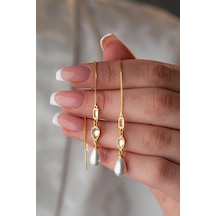 925 Ayar Gümüş Gold Sallantılı İncili 2 Element Zincir Küpe Gold