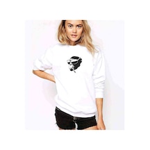 Sempanze Baskılı Beyaz Kadın Sweatshirt