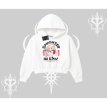 Kapşonlu Crop Sweatshirt Anime Girl Daughter In Law Baskılı Beyaz