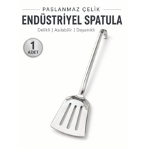 Beylini Endüstriyel Servis Spatulası Delikli Paslanmaz Çelik Uzun Saplı Geniş Yüzeyli Asılabilir Izgara Tava Lokanta Okul Yemekhane Profesyonel No3 Gri