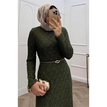 Neşeli Butik Kadın Yeşil Dantel Kumaş Maxi Boy Tesettür Elbise