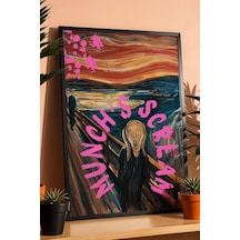 Edvard Munch The Scream Çığlık Çerçeveli Tablo Pembe Boya Sıçramalı İkonik Klasik Sanat Tablosu Altered Art