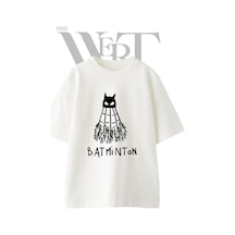 Thewert Batman Badminton Tasarım Baskılı Ünisex Beyaz Oversize T-shirt
