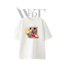 Thewert Crying Cat Meme Tasarım Baskılı Ünisex Beyaz Oversize T-shirt
