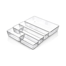 Promosyonca 6 Parça Organizer Çekmece İçi Düzenleyici, Şeffaf Kristal Plastik Düzenleyici Seti, Plastik Organizer Kutular Makyaj, Ofis, Mutfak Ve Banyo Düzeni İçin 6 Farklı Boyda Şeffaf Kutu Açık Bej