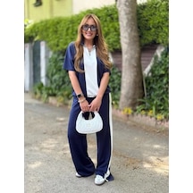 Defymoda Kadın Modal Kumaş Yakası Fermuarlı Şerit Detaylı Takım Lacivert