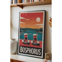 İstanbul Boğazı Tablo - Bosphorus Retro Travel Poster - Çay Keyfi Manzaralı Duvar Dekoru - Çerçeveli Siyah