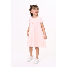 Toontoy Kız Çocuk Baskılı Oversize Bisiklet Yaka Kısa Kollu Elbise - Pudra
