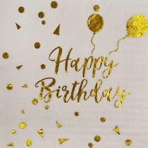 Peçete Varaklı Happy Birthday Yazı Beyaz Üstü Gold