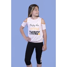 Toontoy Kids Toontoy Kız Çocuk Kolları Şerit Detaylı Baskılı Taytlı Takım Pudra