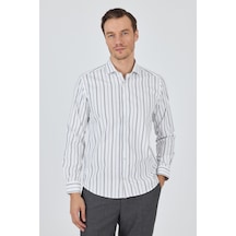 İmza Beyaz-mavi Uzun Kol Çizgili Desen Bez Ayağı İtalyan Yaka Cepsiz Esnek Classic Slim Fit Gömlek 1004250203 Optik Beyaz