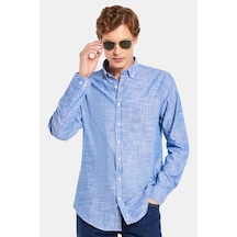 Tudors Erkek Slim Fit Dar Kesim Düğmeli Spor Yaka Keten Efekt %100 Pamuk Çizgili Yazlık Lacivert Gömlek-34954 Lacivert